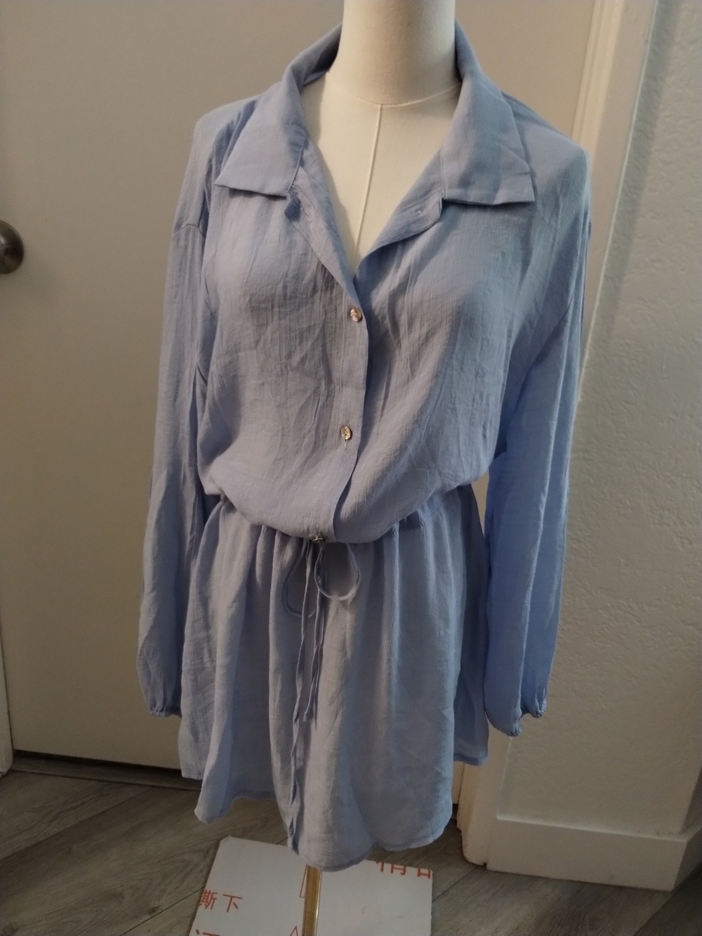SHEIN Light Blue Button-Front Drawstring Shirt Dress